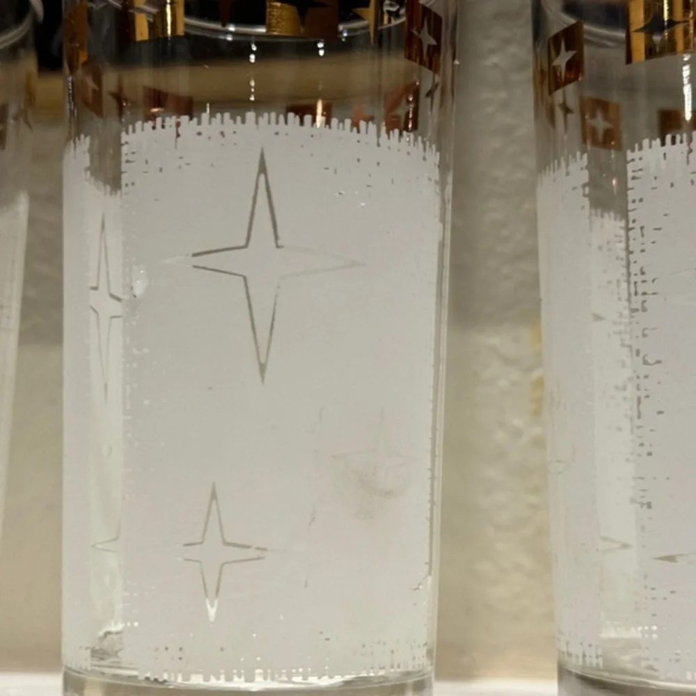Mid‎ Century Modern White & Gold Atomic Cosmic Starburst Glass Drink Tumblers